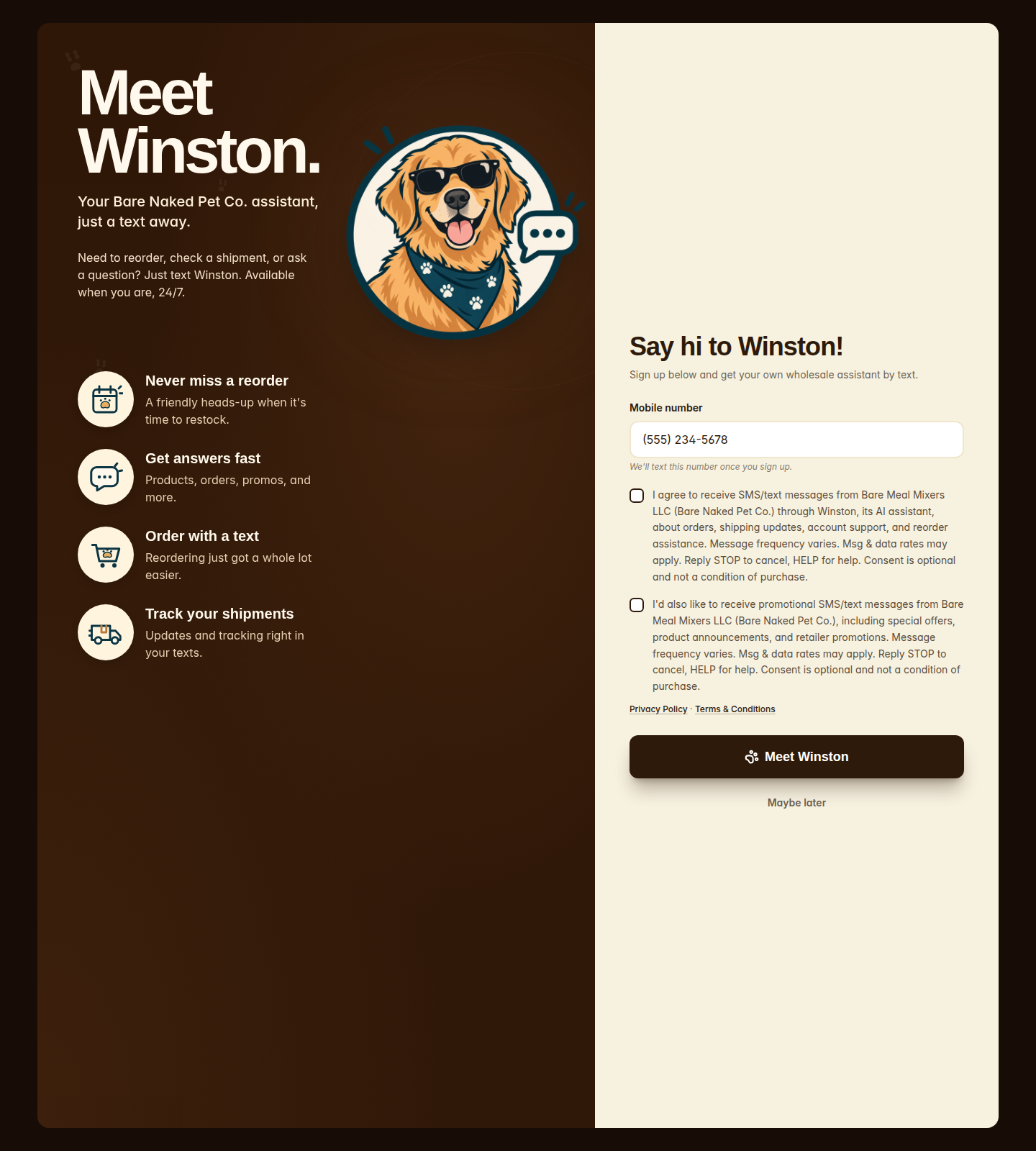 Winston SMS opt-in offer on desktop with unchecked consent checkbox